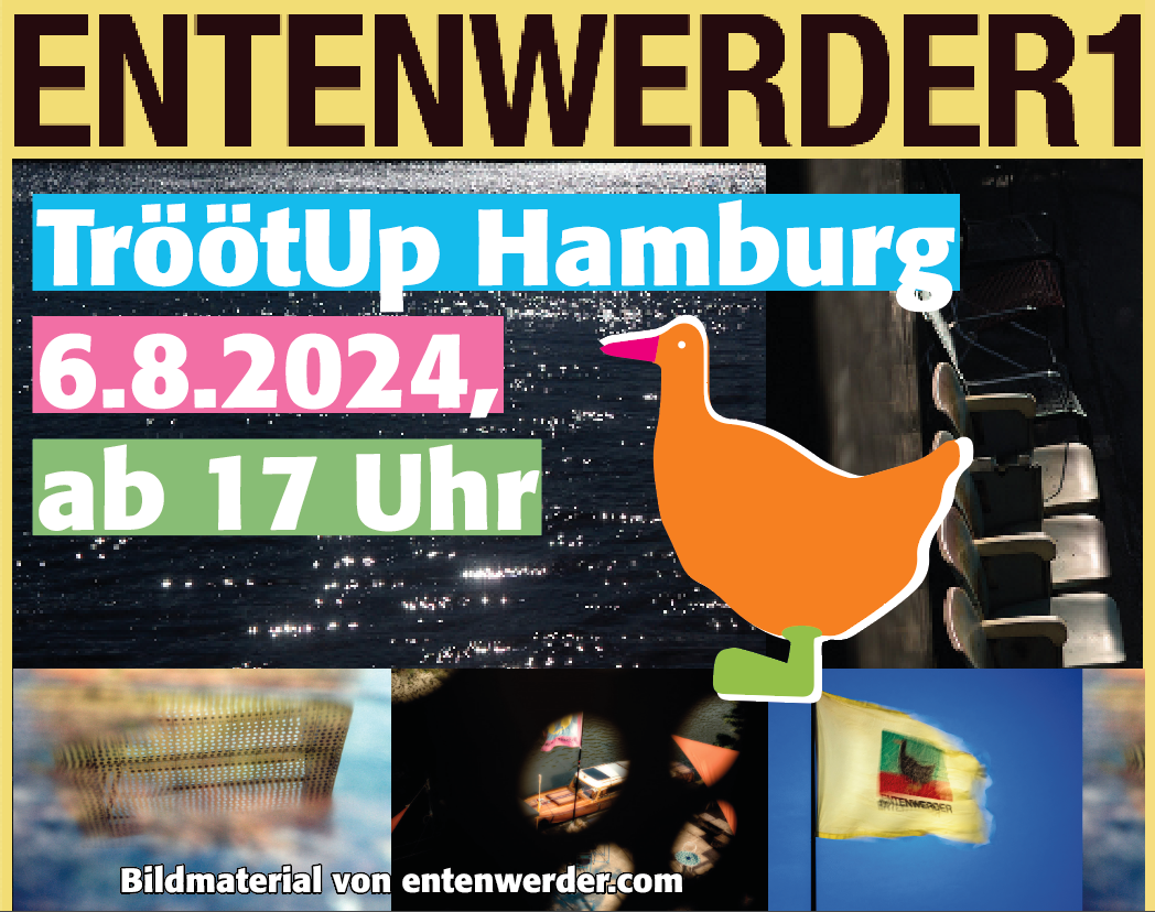 Eine Collage aus Fotos von der Entenwerder1-Website, mit dem süßen Entenlogo und den Daten, die auch im Trööt stehen.