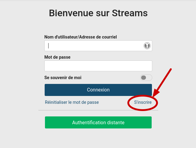 Page d'accueil d'un site basé sur (streams), sur laquelle il est possible de se connecter avec ses identifiants ou de s'inscrire (le lien vers l'inscription est entouré et indiqué par une flèche).